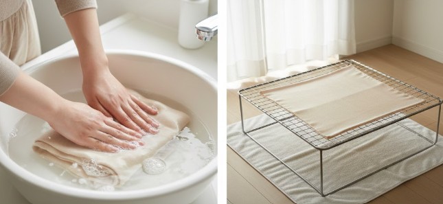 カシミヤやパシュミナを自宅で手洗いする正しい方法。中性洗剤を使用して優しく押し洗いし、型崩れを防ぐために平干ししている様子。