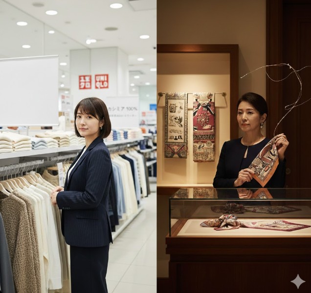 ブランド戦略の違い：「カシミヤ」（法令・実用）と「カシミア」（高級感・情緒）の使い分けを表現した対比的なデザイン