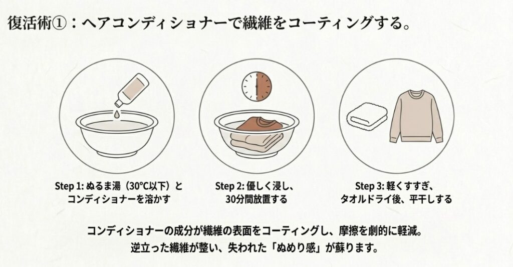 ぬるま湯にコンディショナーを溶かし、30分浸してからタオルドライ、平干しするまでの3ステップを示した解説図。