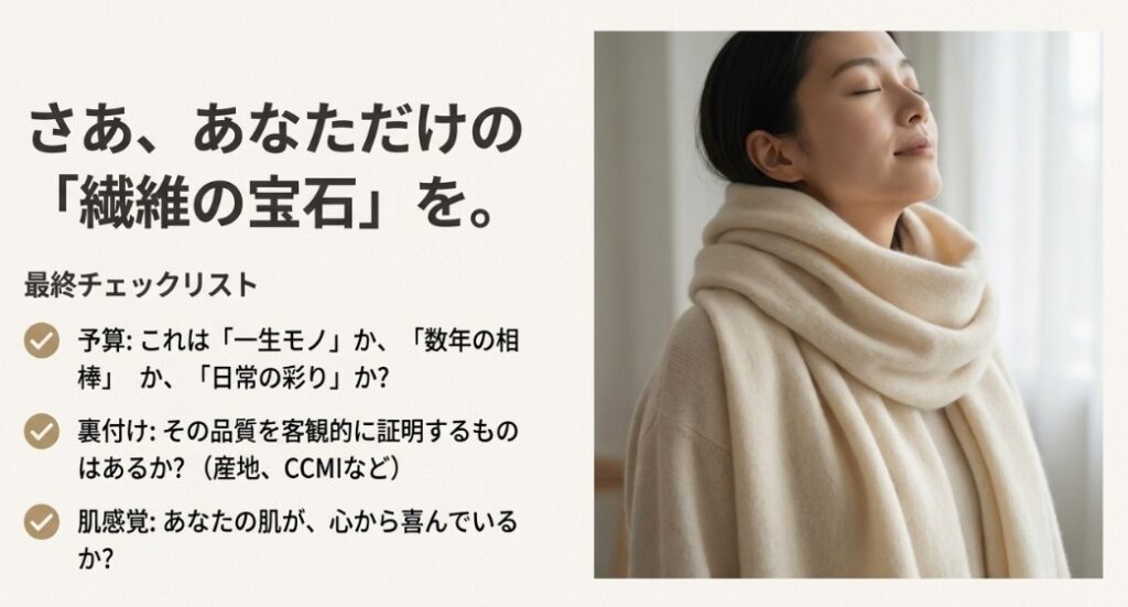 カシミヤ購入の最終確認事項として、予算(一生モノか日常か)、裏付け(産地やCCMI)、肌感覚(不快な刺激がないか)の3点をまとめたスライド。