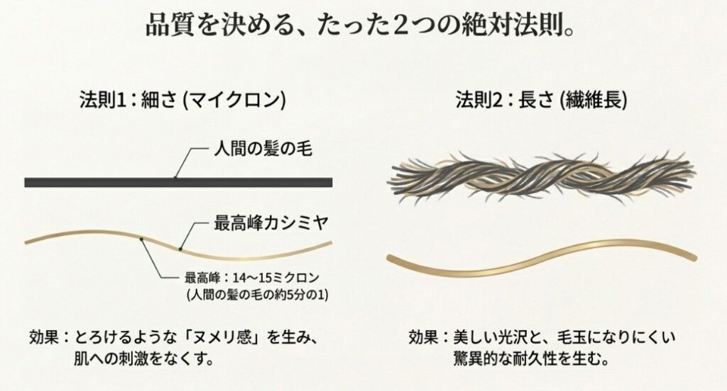 人間の髪の毛(約70〜80ミクロン)と最高峰カシミヤ(14〜15ミクロン)を比較した図解。繊維の「細さ」がヌメリ感を生み、「長さ」が光沢と耐久性を生むことを解説。