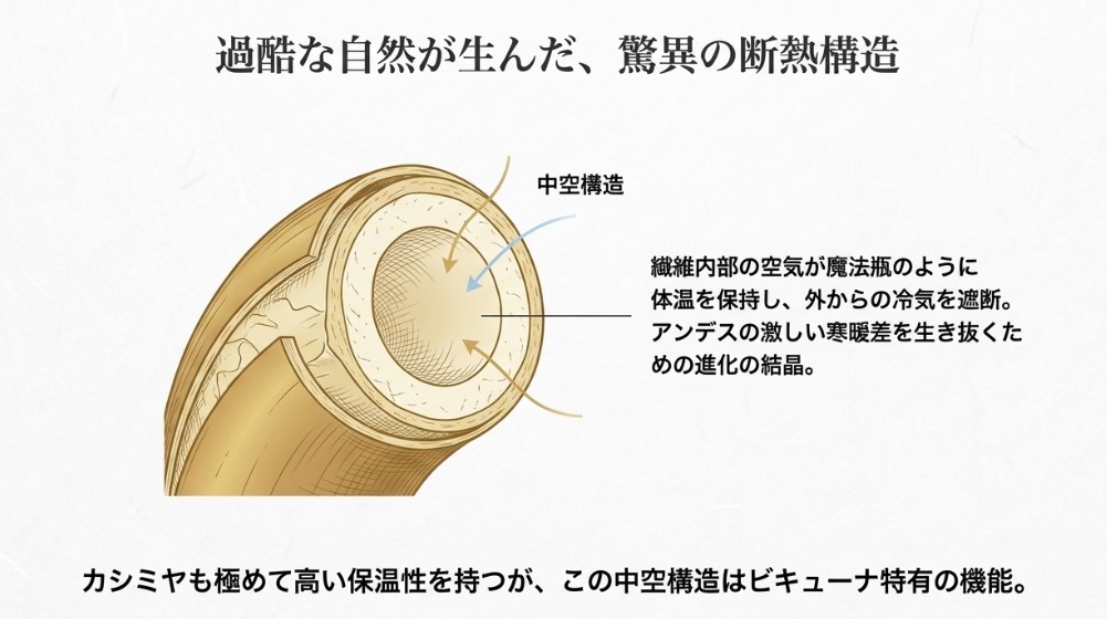 繊維内部が空洞になっている中空構造の断面図。空気を溜め込み体温を逃さない魔法瓶のような仕組みの解説。