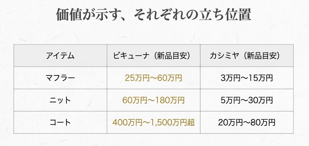 マフラー、ニット、コートそれぞれのビキューナとカシミヤの新品価格目安を比較した表。