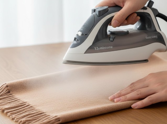 カシミヤマフラーの毛並みに対し、アイロンの底面を当てずに1〜2cm浮かせた状態でたっぷりのスチームだけを優しく当てている手元の様子。