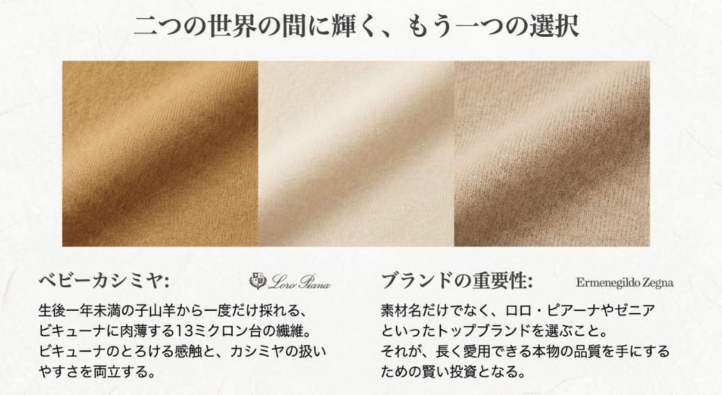 ロロ・ピアーナやゼニアなど、ベビーカシミヤやビキューナを扱う最高峰ブランドの品質と価値についての説明。
