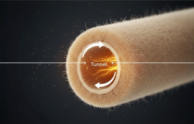 アルパカの毛の中空構造(マカロニ状)を模式的に示した画像。高い保温性と断熱性の秘密。