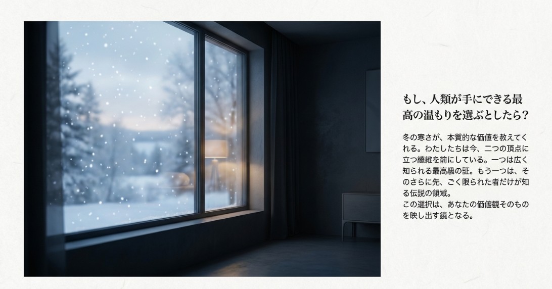 窓の外に雪が降る冬の景色と「最高の温もりを選ぶとしたら？」という問いかけ。ビキューナとカシミヤの比較記事の導入イメージ。
