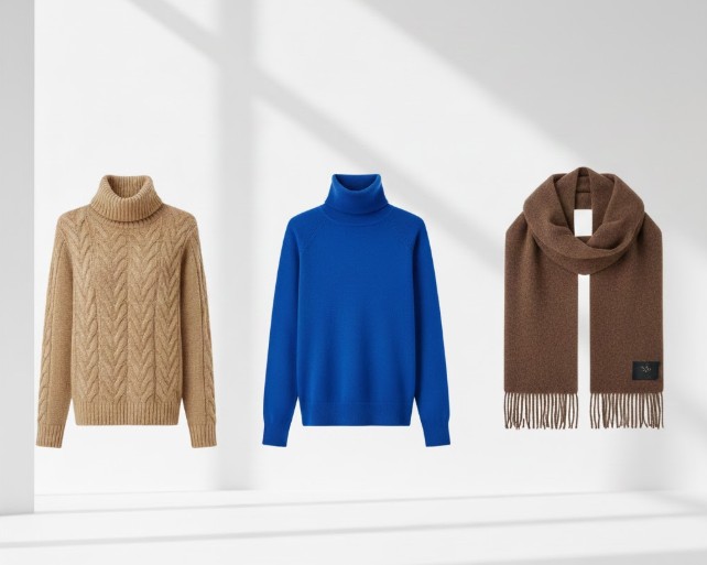 モンゴルを代表するカシミヤブランド（GOBI, GOYO, EVSEG）を象徴する、色とデザインの異なる3種類のニット製品。