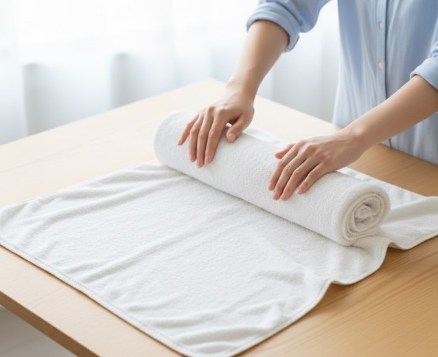 型崩れを防ぐために、バスタオルにカシミヤセーターを乗せて巻く「タオルドライ脱水」の工程