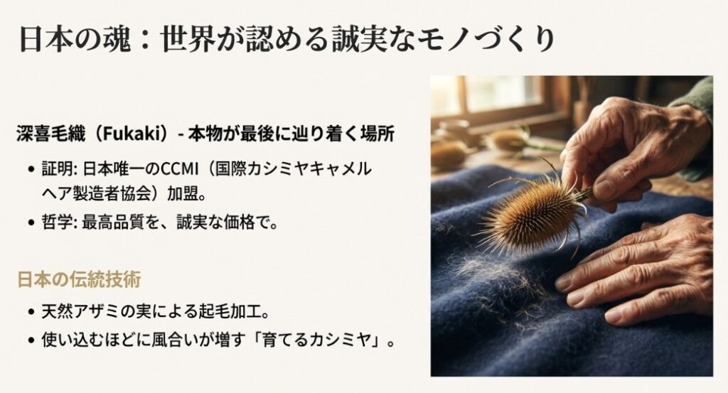 日本唯一のCCMI加盟企業である深喜毛織(Fukaki)の紹介。天然アザミの実による伝統的な起毛加工と「育てるカシミヤ」の哲学を解説。