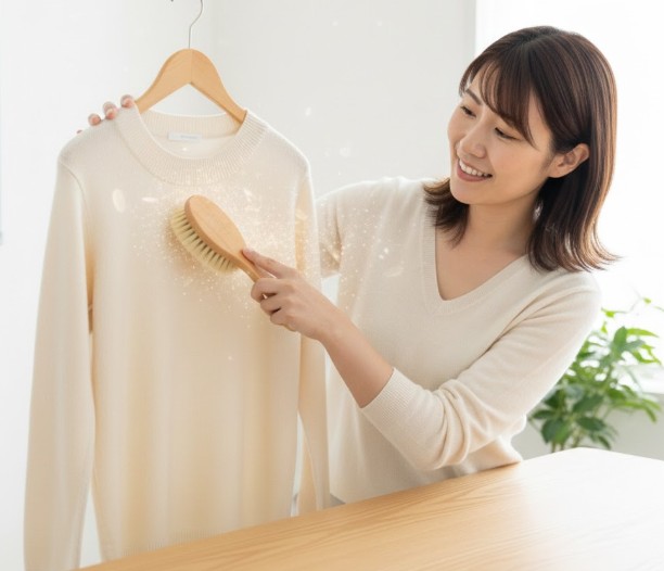 毛玉の発生を抑え光沢を保つために、洋服ブラシでカシミヤセーターを優しくブラッシングするケア方法