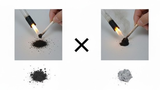 本物の獣毛（カシミヤ）と化学繊維を見分けるための燃焼テストの様子。燃焼後に簡単に粉砕できる黒い灰が残る獣毛と、硬い塊になる化学繊維の違いを比較。