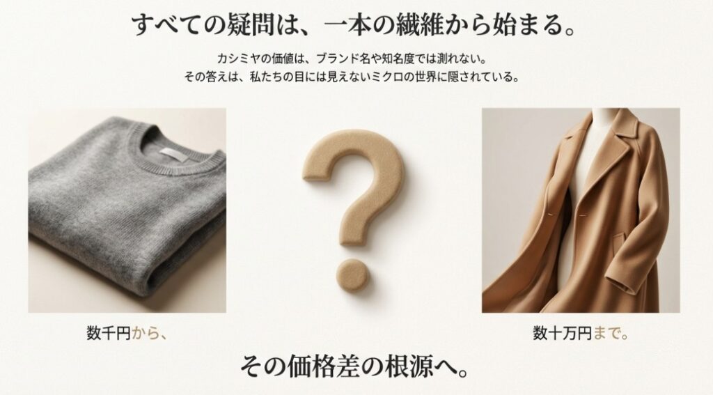 カシミヤのセーターとコートの画像と共に、数千円から数十万円まで及ぶ価格差の根拠がブランド名ではなくミクロの世界に隠されていることを示すスライド。