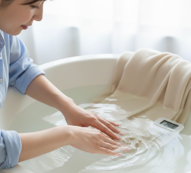 カシミヤ手洗いの最適な水温である30℃以下のぬるま湯を手で確認している様子