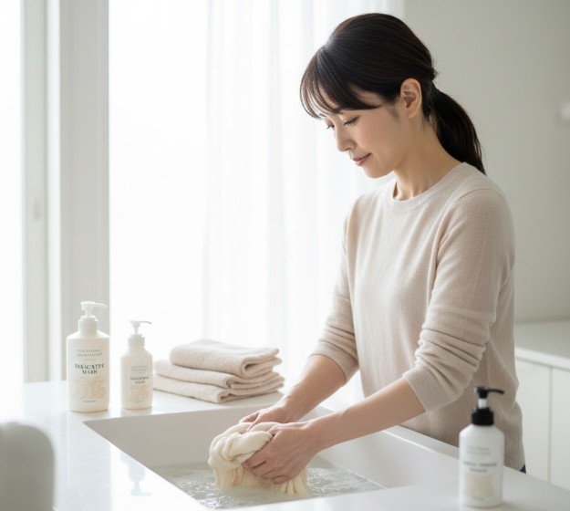 カシミヤのセーターを長持ちさせるため、ぬるま湯と中性洗剤で優しく押し洗い（手洗い）している様子