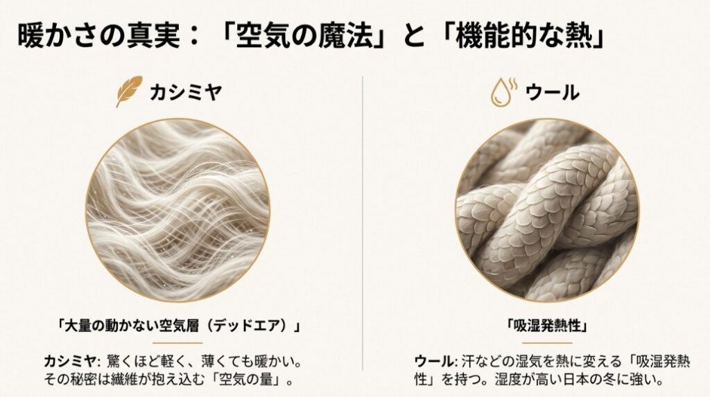カシミヤ繊維が含む大量の空気層（デッドエア）と、ウールが持つ吸湿発熱性の違いを比較した繊維イメージ図
