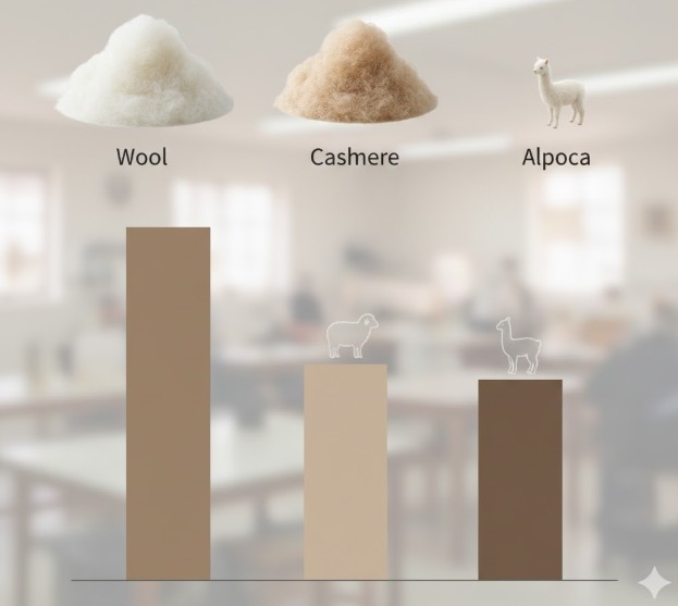 カシミヤとアルパカの推定年間生産量を視覚的に比較。アルパカ繊維の極めて高い希少性。