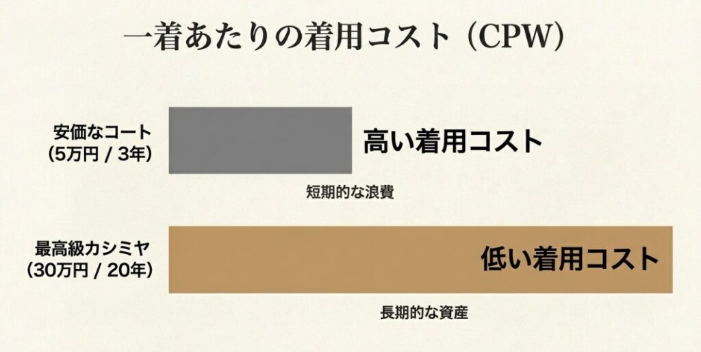 1回あたりの着用コスト（CPW）を比較したグラフスライド。5万円のコートは3年寿命で「短期的な浪費」、30万円のカシミヤは20年寿命で「長期的な資産」となることを図解。