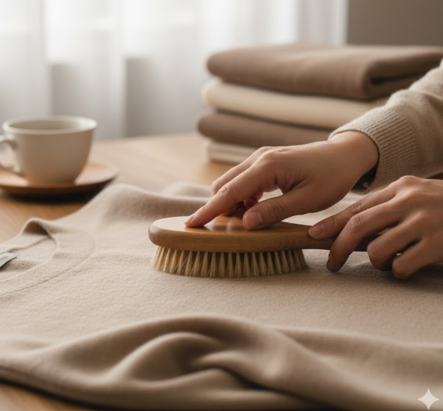カシミヤの毛並みを整え、毛玉を予防するために、天然毛の馬毛ブラシで優しくブラッシングする手入れの習慣。
