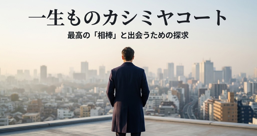 「一生ものカシミヤコート 最高の相棒と出会うための探求」というタイトルが書かれたスライド画像。背景には高品質なコートのイメージが使われています。