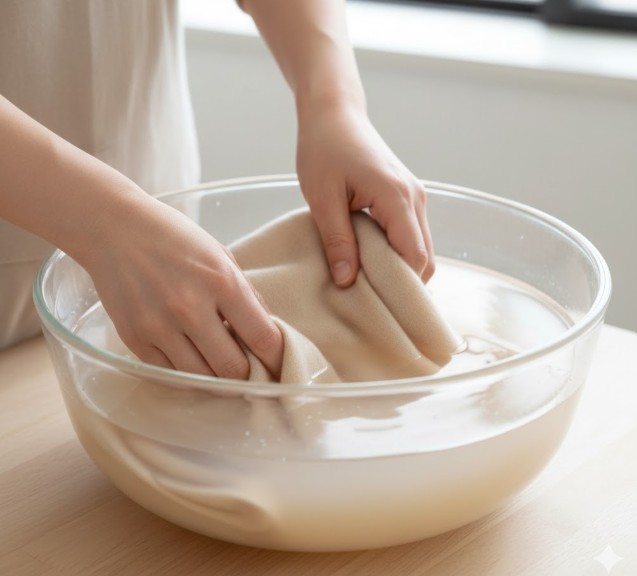洗面器にぬるま湯とヘアトリートメントを溶かして作った復元液に、縮んだカシミヤマフラーを浸け込んでいる様子。