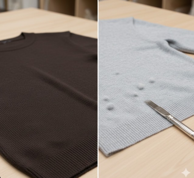 摩擦に対する耐久性の違い。毛玉ができにくいアルパカ素材と繊細なカシミヤ素材の比較。