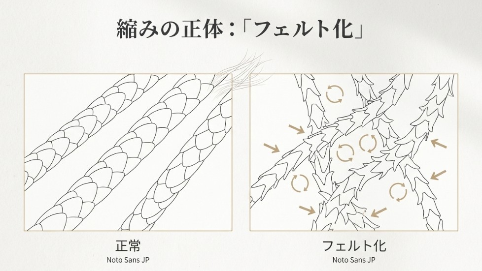 カシミヤ繊維の正常な状態と、スケールが絡み合って縮む「フェルト化」の状態を比較したイラスト解説