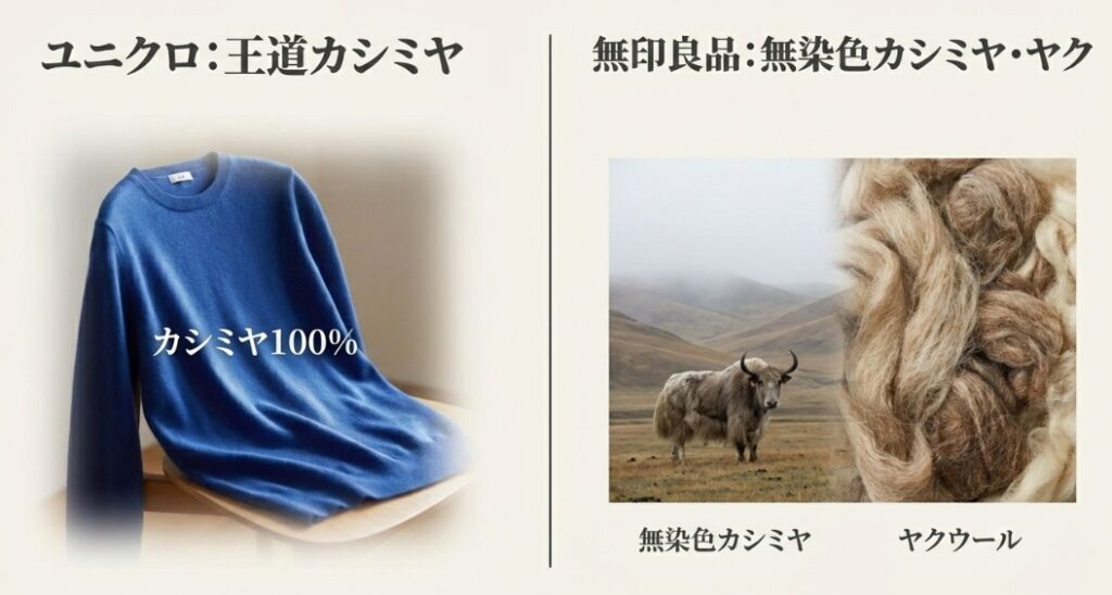 ユニクロの王道カシミヤと、無印良品の無染色カシミヤ・ヤクウールの素材イメージ。草原に立つヤクの写真