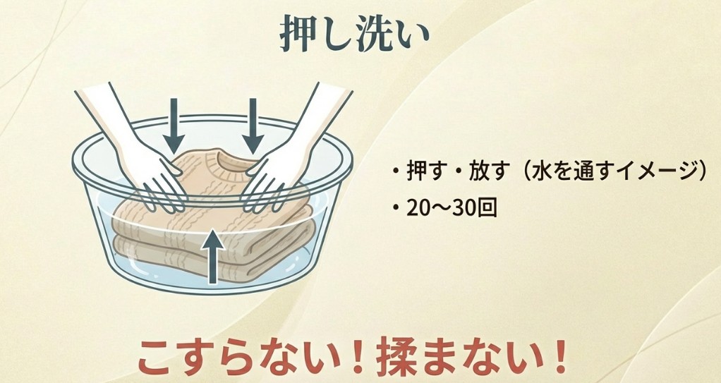 20〜30回、こすらず揉まずに、水を通すイメージで優しく押し洗いをするイラスト図解。