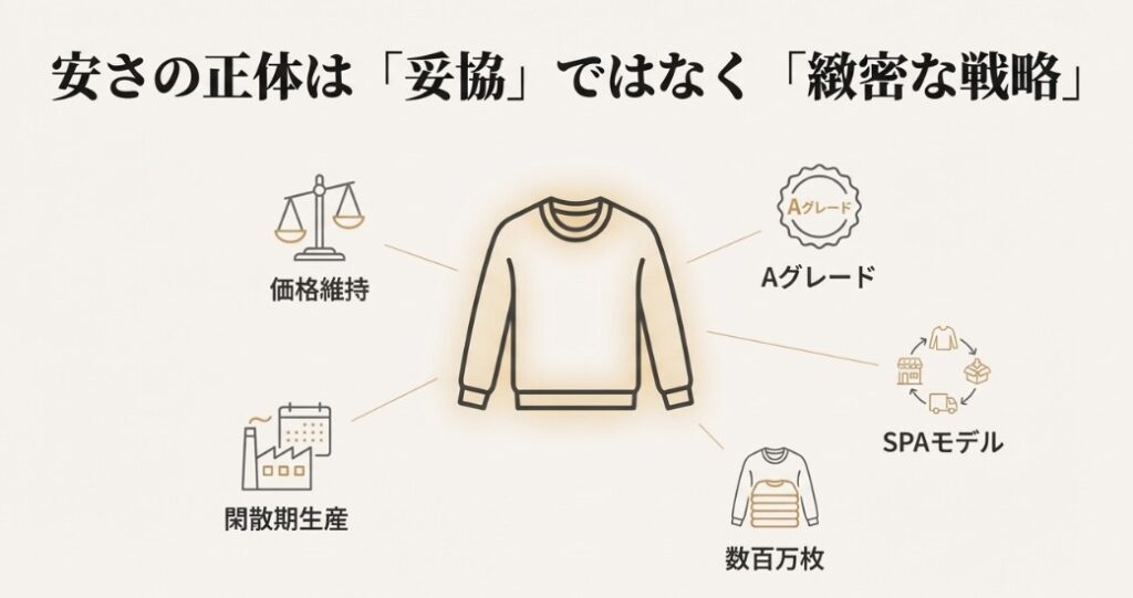 Aグレードの品質、SPAモデル、閑散期生産、大量生産といった安さを支える緻密な戦略をまとめた図解