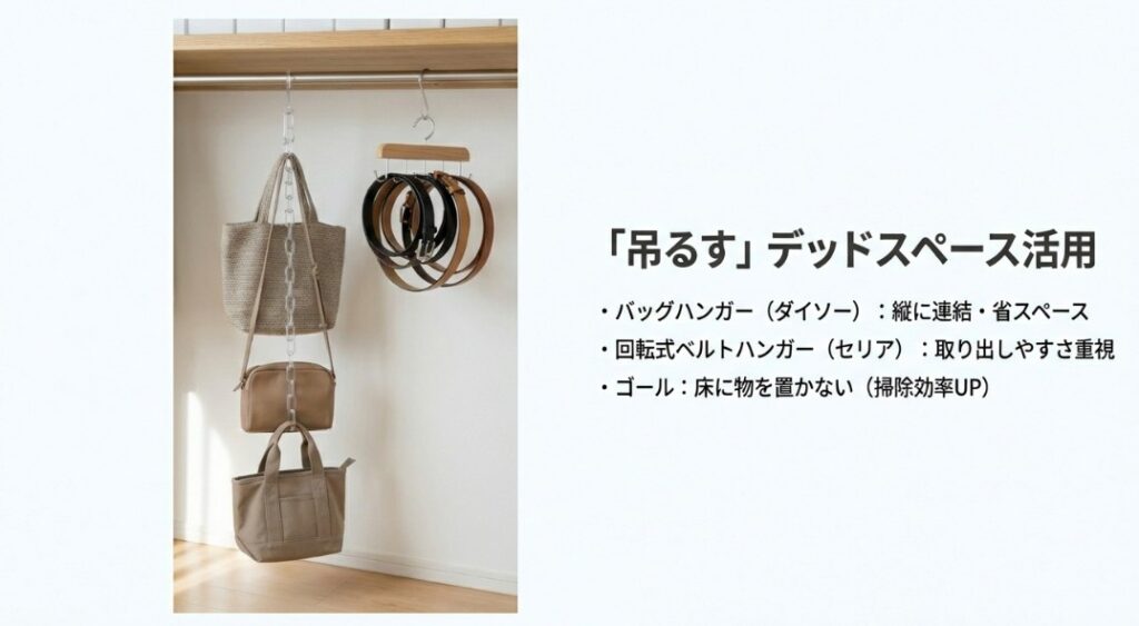 ダイソーのバッグハンガーとセリアの回転式ベルトハンガーを使い、クローゼットを垂直に活用している様子