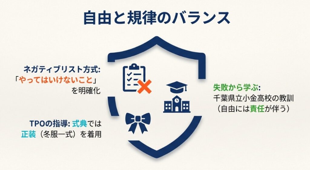 チェックリストのイラスト。「やってはいけないこと」を明確にしつつ、式典では正装を着用するなど、TPOに応じた指導の必要性