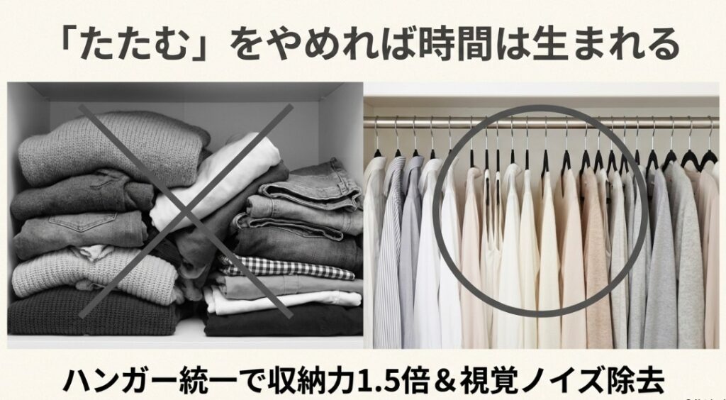 山積みにされた服の画像にバツ印をつけ、ハンガーを統一することで収納力を1.5倍にし、視覚的なノイズを取り除く提案