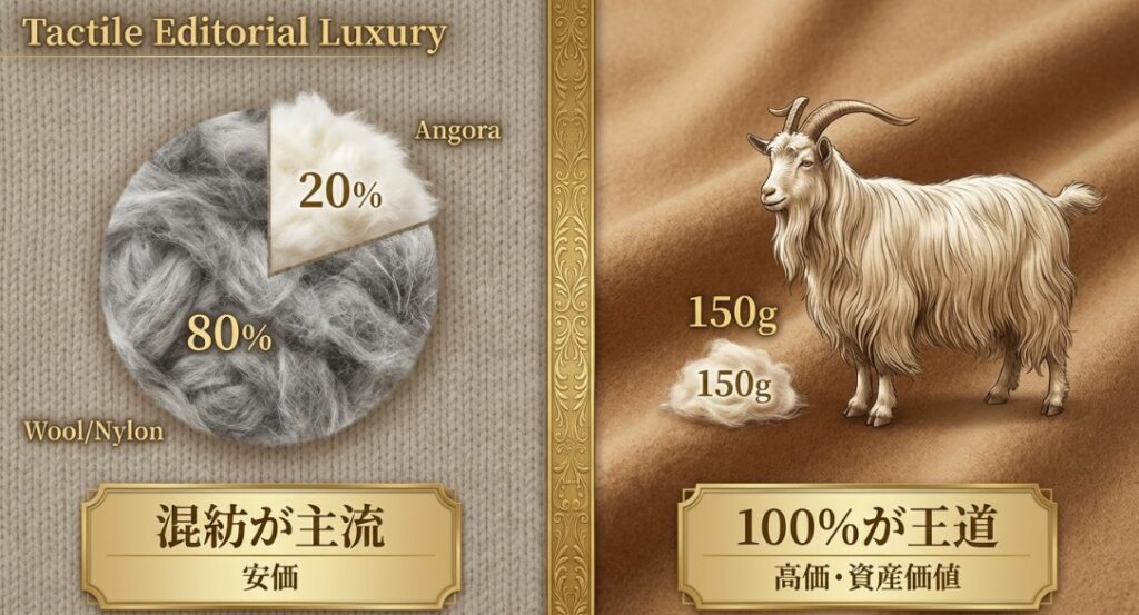 アンゴラは混紡（ウール・ナイロン等）が主流で安価、カシミヤは100%が王道で高価・資産価値があることを示した比較データ