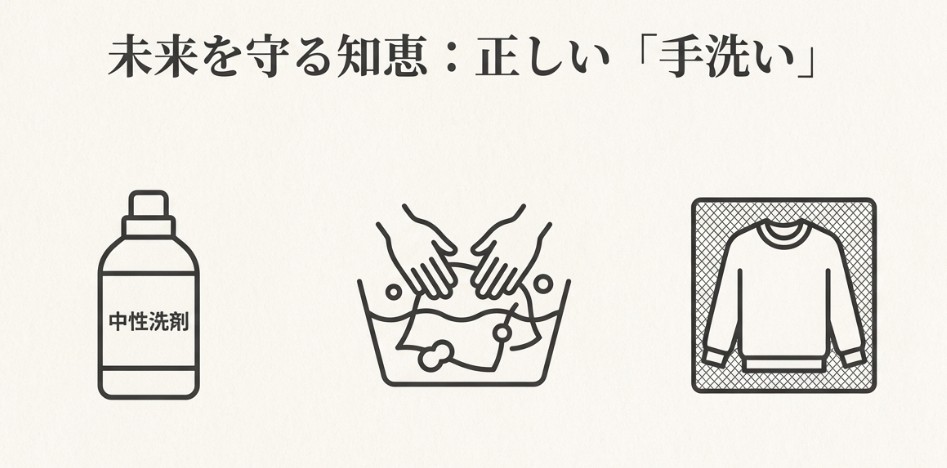 未来を守る知恵として、中性洗剤を使用した正しい手洗いの手順を示すアイコン