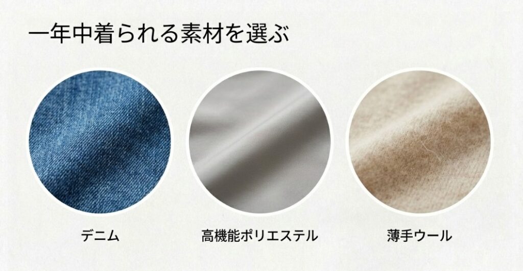 デニムや高機能素材のテクスチャ画像。「一年中着られる素材を選ぶ：デニム、高機能ポリエステル、薄手ウール」