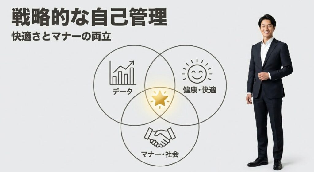 スーツをスマートに着こなした男性の写真とともに、「戦略的な自己管理」と「快適さとマナーの両立」