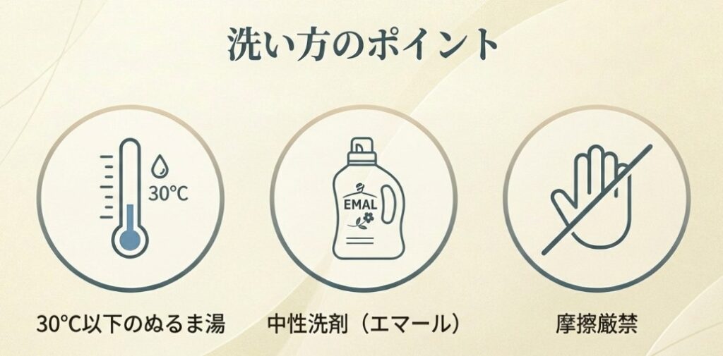 30度以下のぬるま湯、中性洗剤エマールの使用、摩擦厳禁というカシミヤ洗濯の重要ポイントを示す