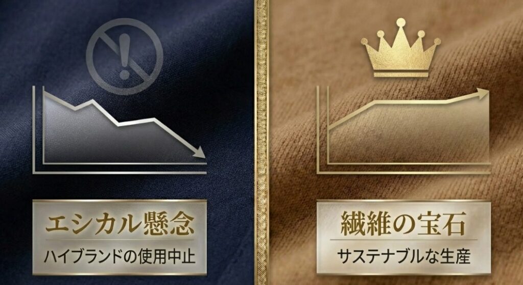 アンゴラの動物愛護に関する懸念とハイブランドの使用中止、カシミヤの持続可能な生産背景を対比させた図解