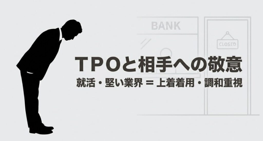 お辞儀をする人物のシルエットとともに、銀行や就活など「堅い業界」での上着着用と調和の重要性を説く