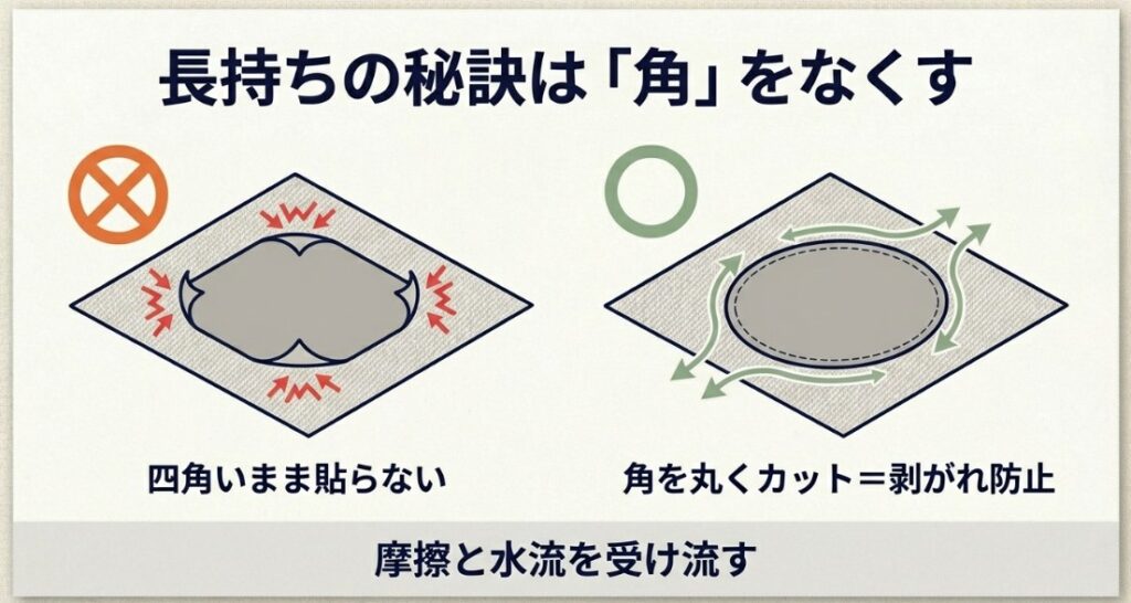 補修布を四角いまま貼ると角から剥がれやすいが、角を丸くカットすることで摩擦や水流を受け流し、剥がれを防止できることを示す比較図