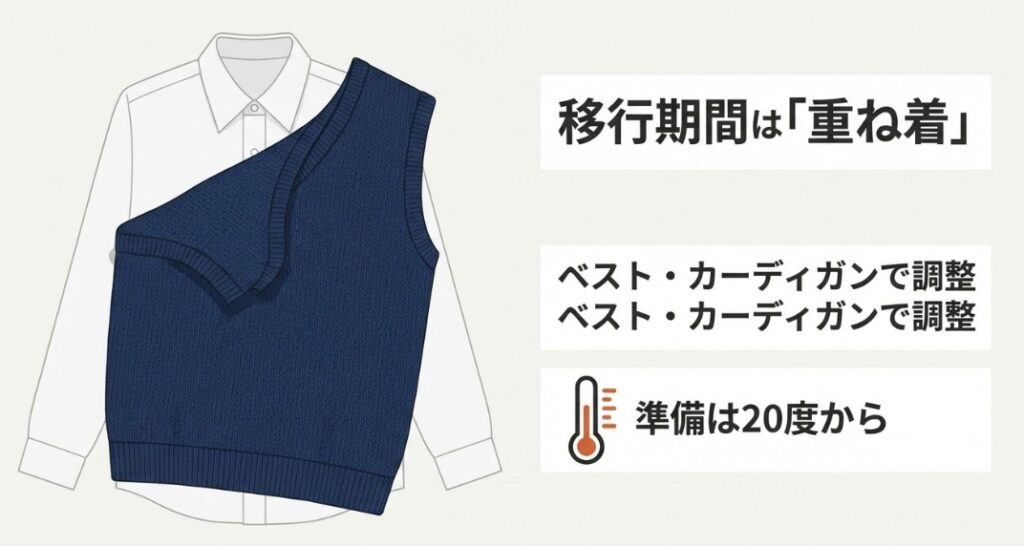 制服のシャツにベストやカーディガンを重ねて調整するイメージと、準備は20度から始めることを示す図解。