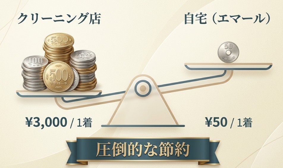 クリーニング店1着3,000円に対し、自宅エマール洗濯なら1着50円という圧倒的な節約効果を天秤で比較した図解