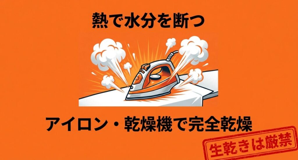 アイロンの熱を利用して繊維の中の水分を完全に飛ばし、生乾きを防ぐイメージ