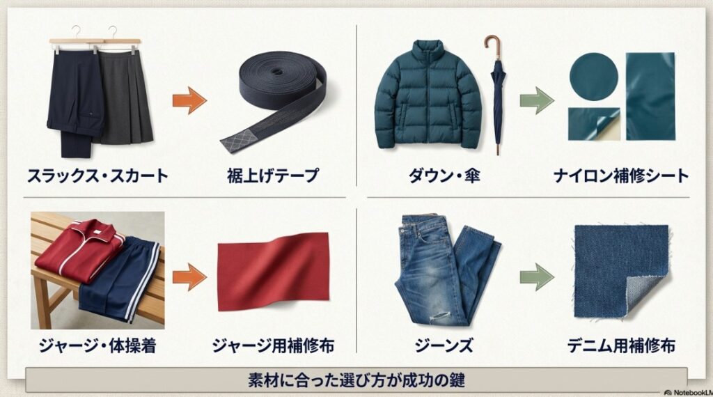 スラックス・スカート用の裾上げテープ、ダウン用のナイロン補修シート、ジャージ用補修布、ジーンズ用のデニム用補修布の4種類を写真付きで紹介