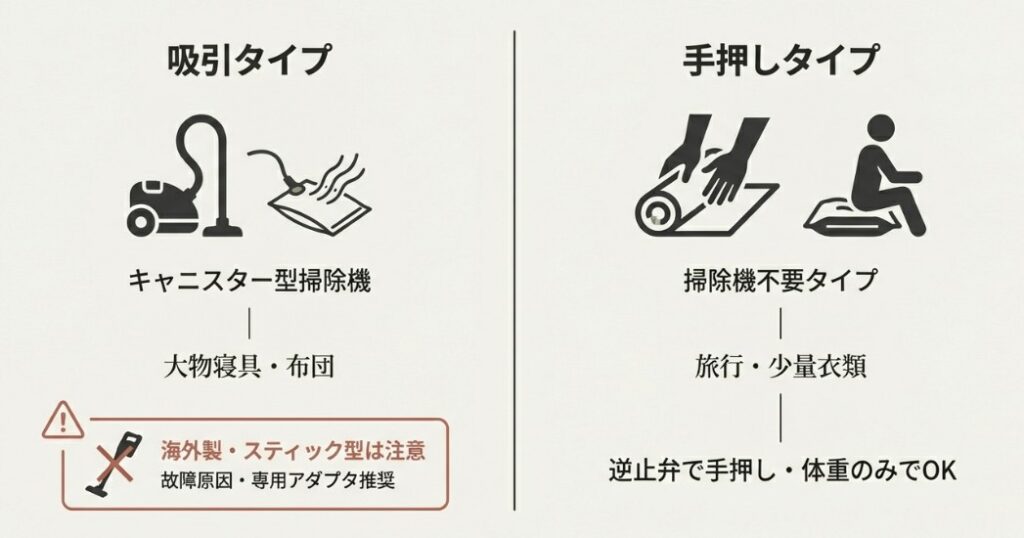 キャニスター型掃除機を使用する吸引タイプと、旅行にも便利な手押しタイプの比較。海外製・スティック型掃除機使用時の注意喚起