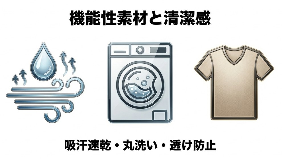 吸汗速乾、丸洗い、透け防止といった、機能性素材と清潔感を両立させるポイント