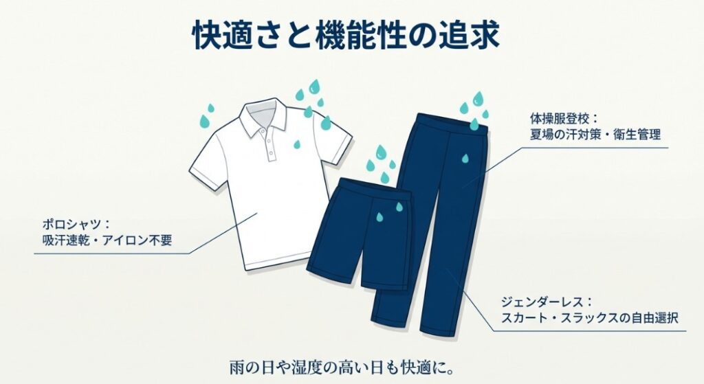 吸汗速乾のポロシャツ、夏場の汗対策としての体操服登校、性別を問わないスカート・スラックスの自由選択（ジェンダーレス）を紹介