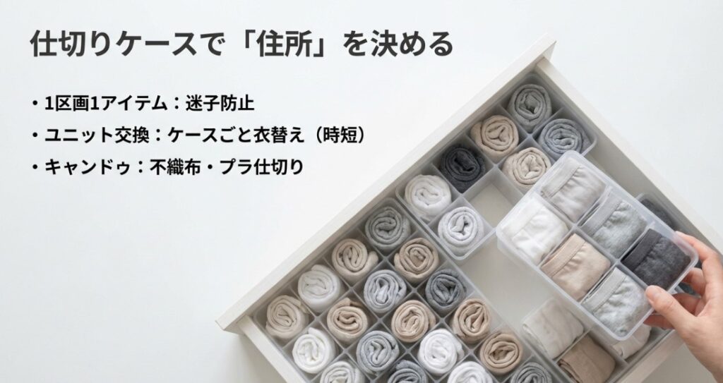キャンドゥなどの不織布・プラスチック仕切りを使い、1区画1アイテムで収納を整えるメリットを解説