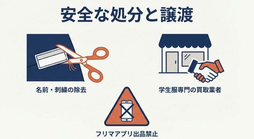 名前の刺繍をハサミで除去すること、フリマアプリ出品禁止、専門業者を利用することを示す図解
